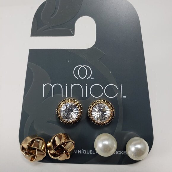 Set of 3 Pairs Gold Tone Minicci Crystal Stylish Stud Earrings for Women C3 - Picture 3 of 5